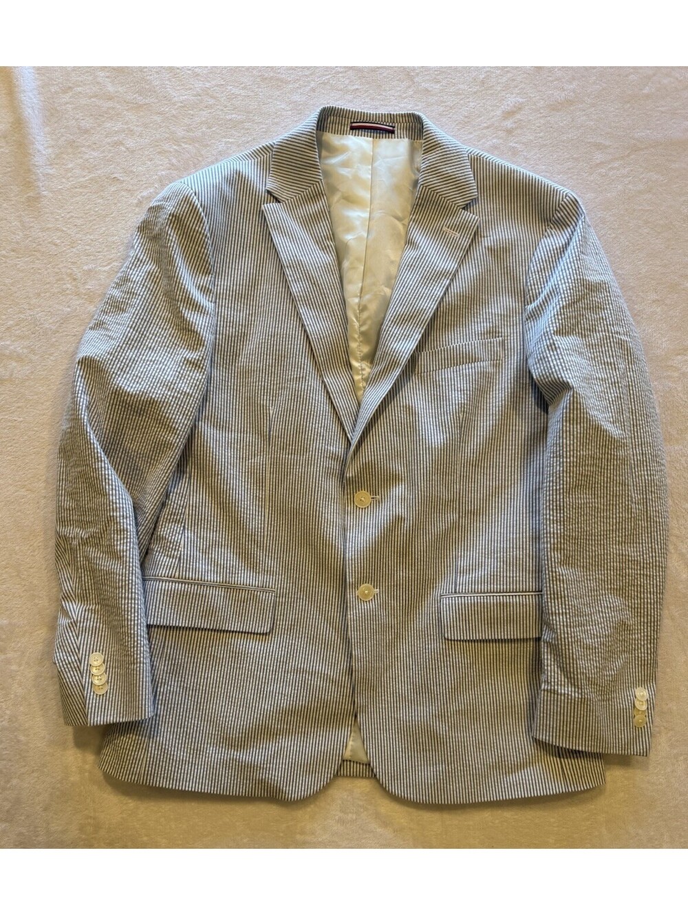 Tommy Hilfiger Men's Blue White Stripe Seersucker Blazer 43R Two Button Stretch